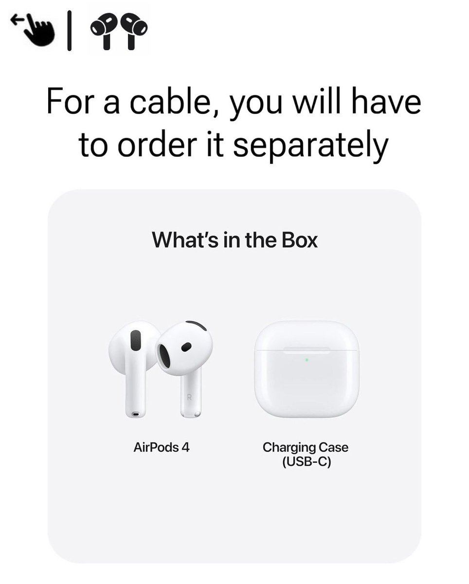 appleupdatezone's tweet photo. AirPods 4 does not come with a cable in the box 📦 https://t.co/U2vk5BX92b