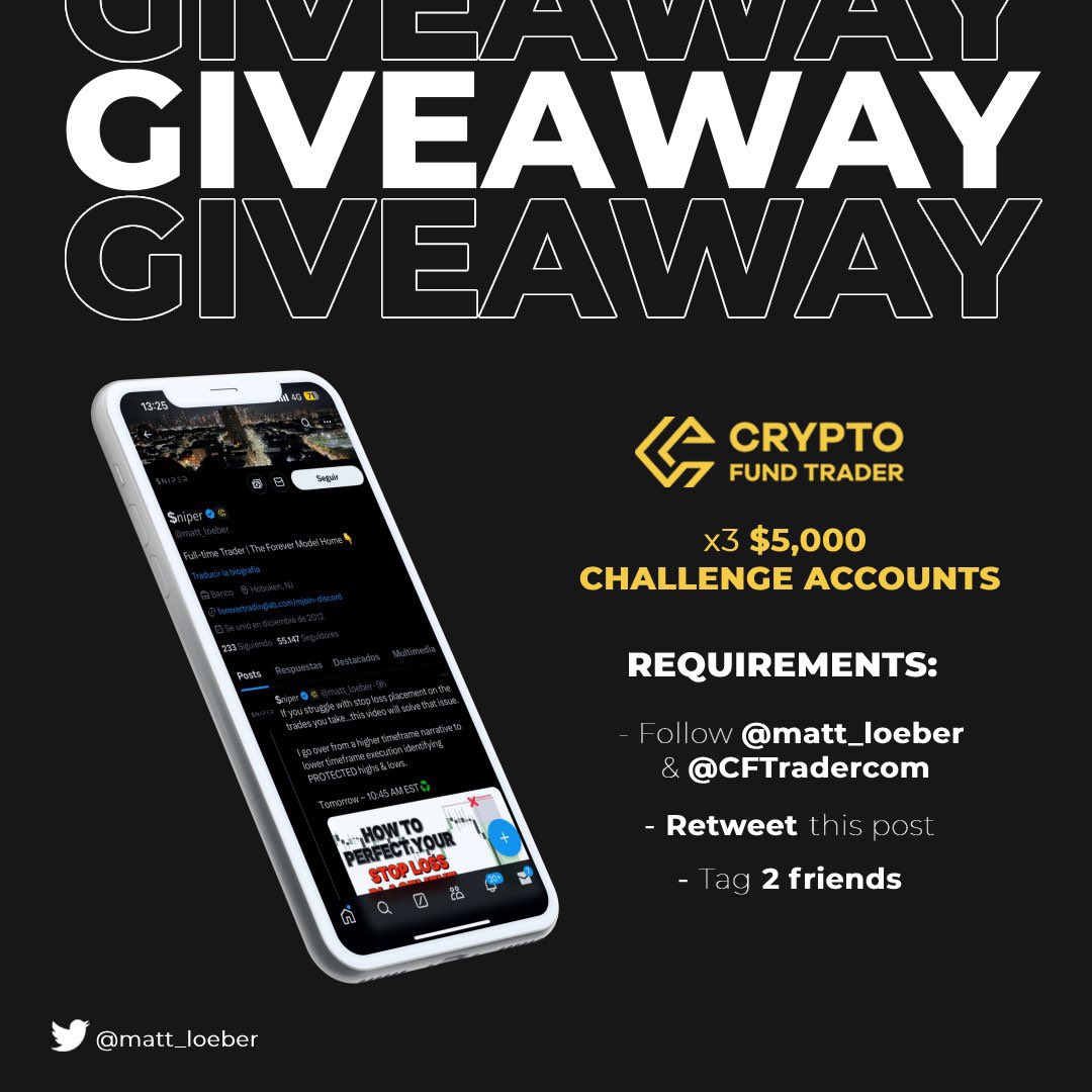 matt_loeber's tweet photo. GIVEAWAY ANNOUNCEMENT 📣 

3x $5,000 Challenge Accounts

- Follow @matt_loeber &amp; @CFTradercom 
- Like &amp; RT this post
- Tag 2 friends 

Winner will be announced in 72 hours 🤞🏽
Good luck! https://t.co/sestmirlZa