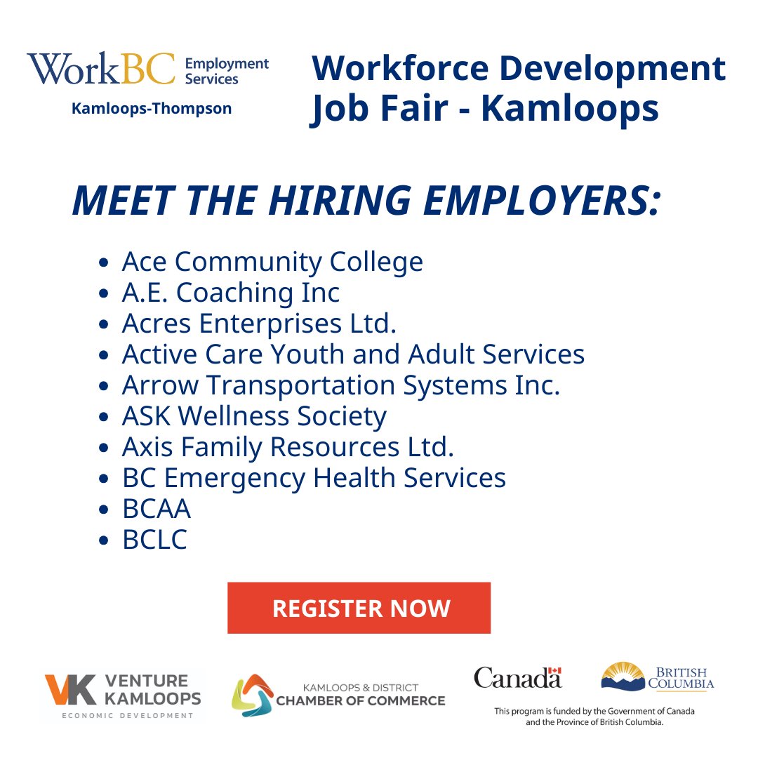 WorkBCKThompson's tweet photo. The largest inclusive hiring fair in Kamloops is back! 
There are only 3 days left to register for the Workforce Development Job Fair! 

Venue: Coast Kamloops Hotel &amp; Conference Centre
Date: September 27th, 2024
Time: 9:00 AM - 2:00 PM PST
Register: https://t.co/R4JQ9TeAAj https://t.co/zj3oVUiNuh