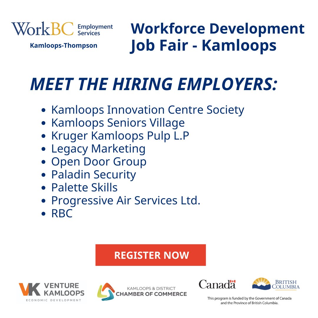 WorkBCKThompson's tweet photo. The largest inclusive hiring fair in Kamloops is back! 
There are only 3 days left to register for the Workforce Development Job Fair! 

Venue: Coast Kamloops Hotel &amp; Conference Centre
Date: September 27th, 2024
Time: 9:00 AM - 2:00 PM PST
Register: https://t.co/R4JQ9TeAAj https://t.co/zj3oVUiNuh