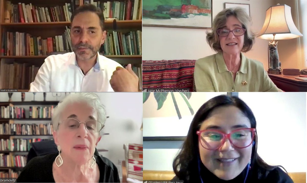 Vasilios Ioakimidis, Jane McPherson, Gianinna Muñoz Arce &amp; Mimi Abramovitz discussing "Social work histories of complicity and resistance" this evening, with a 200-strong international audience. Recording to follow.
#swhn <a href="/SocWkHistory/">Social Work History Network</a> <a href="/SWHG1956/">Social Welfare History Group</a>