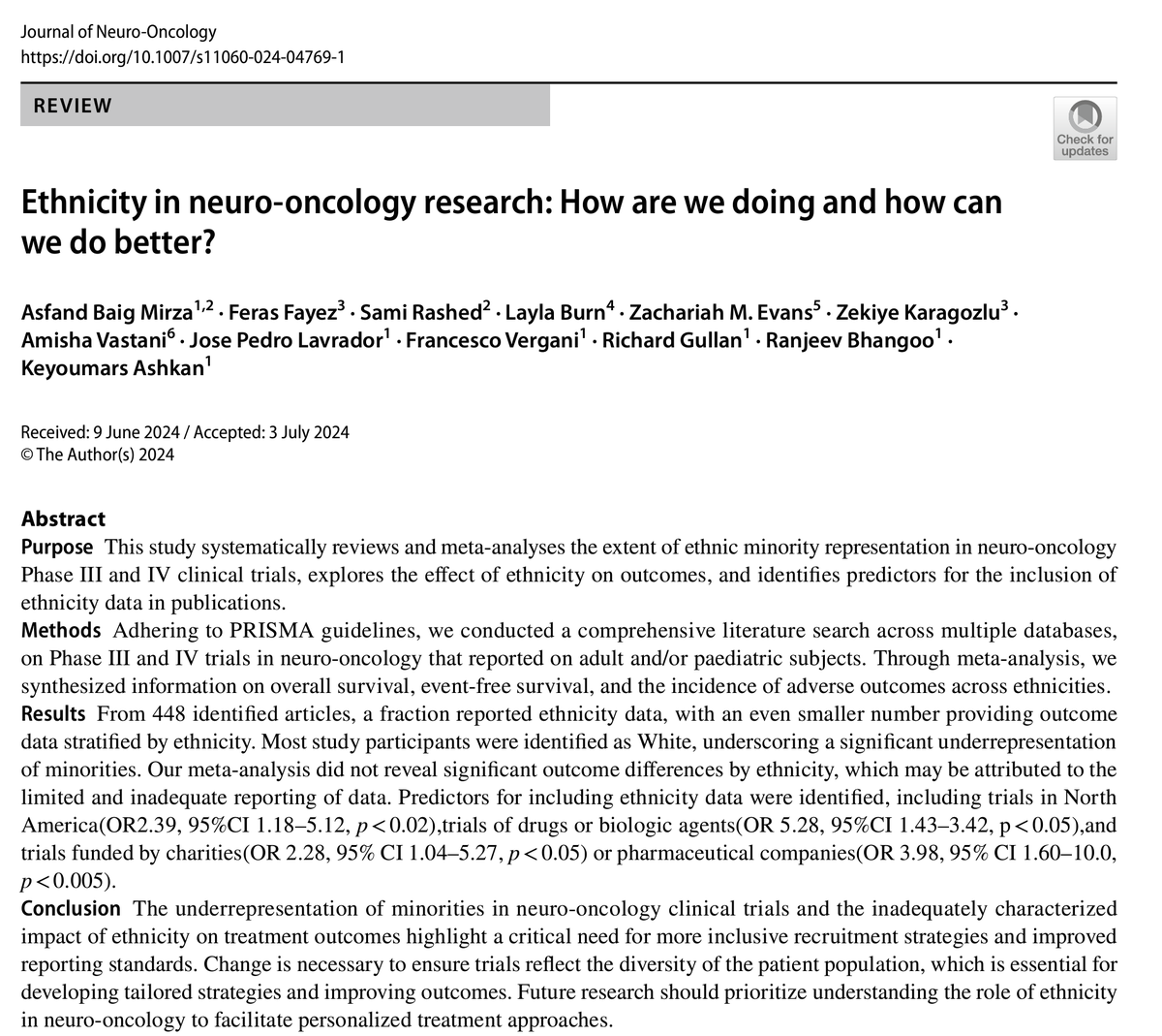 ♨️🗞️!!

"Ethnicity in neuro-oncology research: How are we doing and how can we do better?" published in <a href="/JNeurooncol/">Journal of Neuro-Oncology</a> 

doi.org/10.1007/s11060…
💥👏<a href="/AsfandBm/">Asfand Baig Mirza</a>  <a href="/feras199/">Feras Fayez</a> <a href="/a_vastani/">Amisha Vastani</a>  <a href="/lavrador_jose/">José Pedro Lavrador</a>