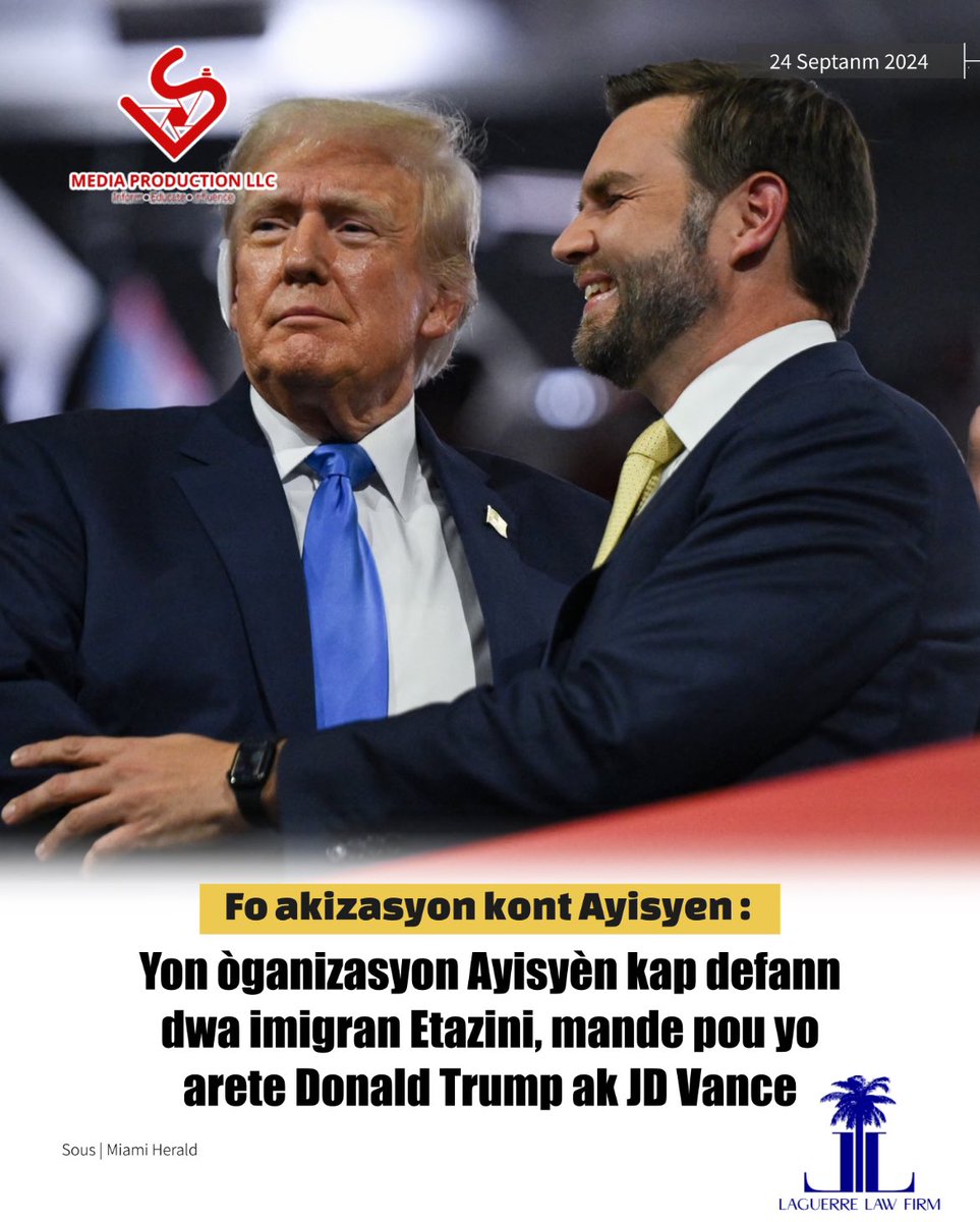 LuckNews88's tweet photo. 📌Òganizasyon sa a ki rele Haitian Bridge Alliance, ki baze San Diego (California), depoze yon aksyon an jistis kont 2 mesye yo, devan yon tribinal minisipal nan rejyon Clark, Springfield, Ohio.🇺🇸 Responsab òganizasyon an, Guerline M. Jozef, ki lanse aksyon sa a, mande Jij la pou akize epi mete manda arestasyon dèyè Trump ak JD Vance, paske yo fè sikile yon fo akizasyon, ki mete an danje kominote Ayisyèn nan.🇭🇹Daprè òganizasyon an, avèk aksyon sa a, 2 kandida Repibliken yo vyole ototal 7 lwa nan Eta Ohio. Pou « Haitian Bridge Alliance », sa Trump ak Vance fè a se yon krim. Mme Jozef dil swete gen yon desizyon ki pran avan Trump vizite Springfield | @MiamiHerald