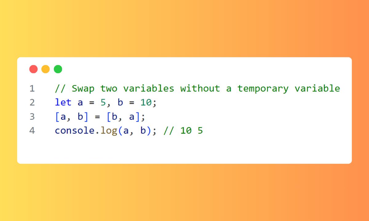 expertsinfofr's tweet image. ๐ก #JavaScriptTip: Swap two variables without using a temporary variable!
Simple and clean. Result: a = 10, b = 5.
#Code #DevTips #JavaScript