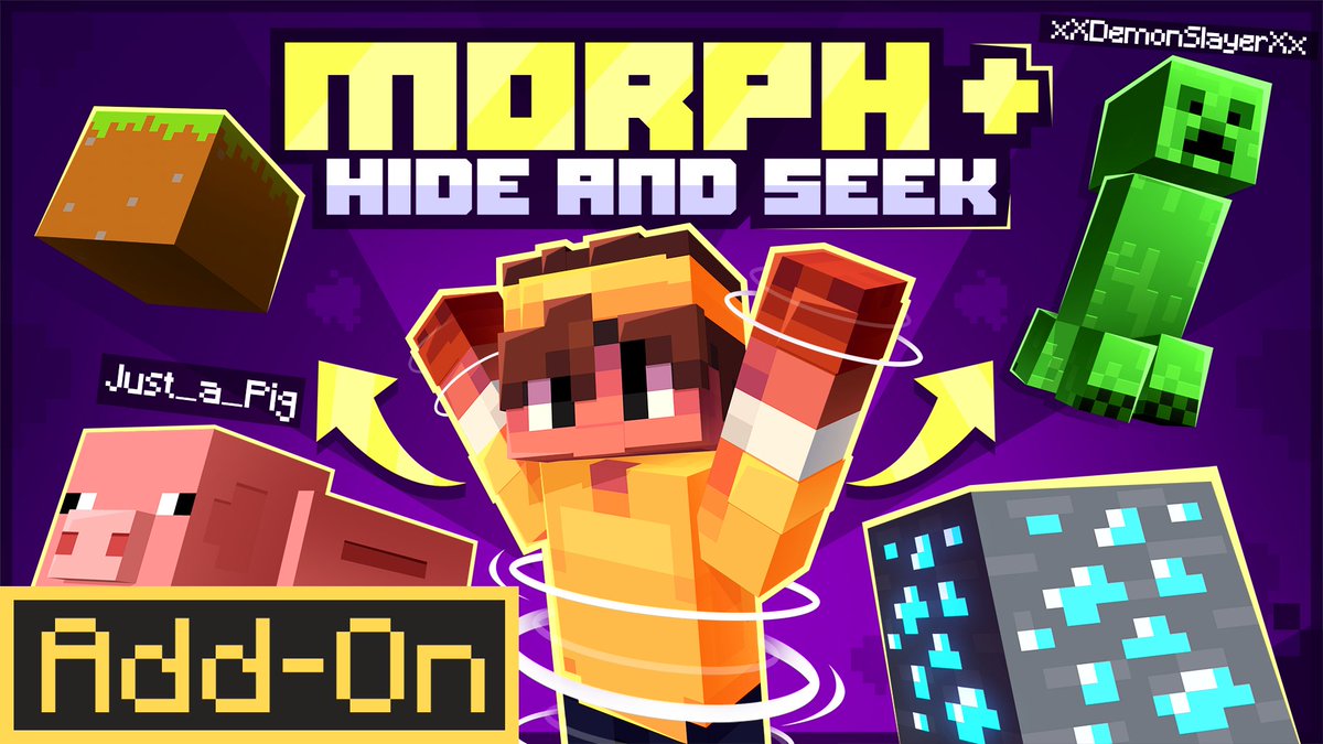 Introducing MORPH + Hide and Seek Add-On! Transform into mobs or blocks with this survival friendly Add-On! Play the hide and seek mode with your friends! You can transform into over 20 mobs and 60 blocks!

Available now!
🔗 shorturl.at/X4wz7
