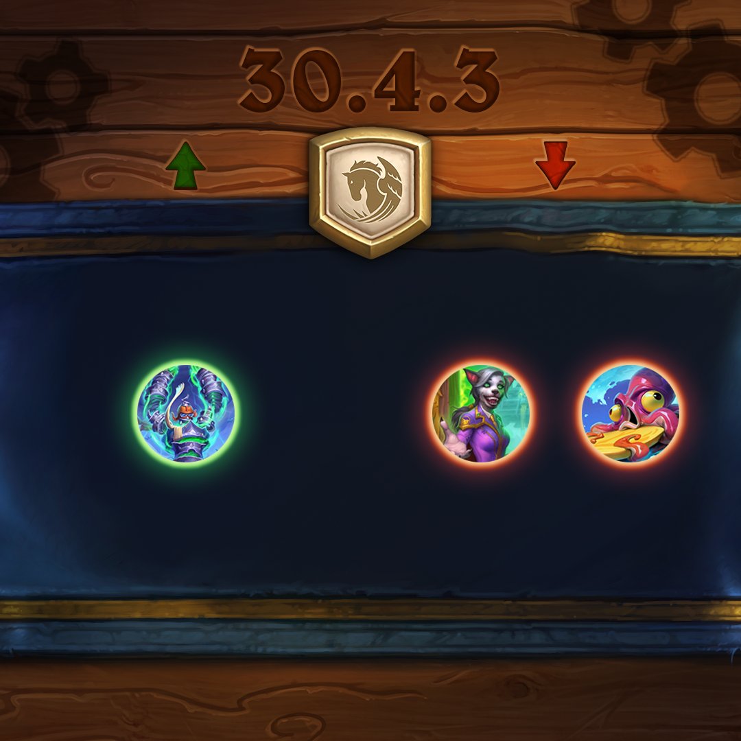 Hearthstone Patch 30.4.3 Standard balance changes. Encircled in green is Turbulus. Encircled in red are Portalmancer Skyla and Surfalopod.