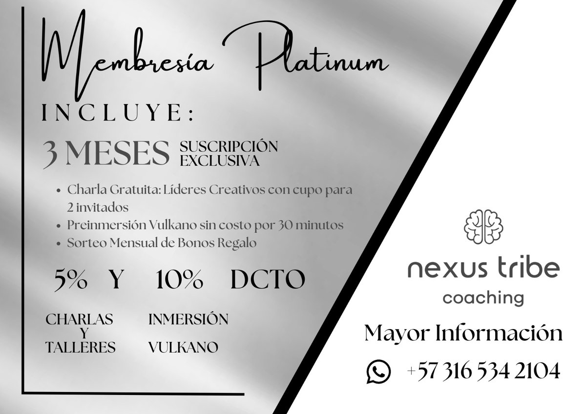 Si  quieres asistir a nuestra charla de Líderes Creativos, imagínate como te encantará asistir de manera gratuita y con otros beneficios más. 
Adquiere nuestra Membresía Platinum.
#Coaching #Coach #Membresía #CoachingNexusTribe #FelipeDuque #Liderazgo #Creatividad #Charla