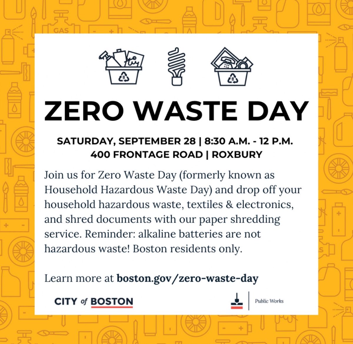 BostonPWD's tweet photo. A reminder to @CityOfBoston residents that you can safely dispose of household waste, recycle #textiles, electronics, propane tanks &amp; more this Saturday (9/28) from 8:30 am - 12:00 pm at 400 Frontage Road (PWD District Yard). For more info: https://t.co/aLSHzrnPQH https://t.co/XoMsunKaWQ
