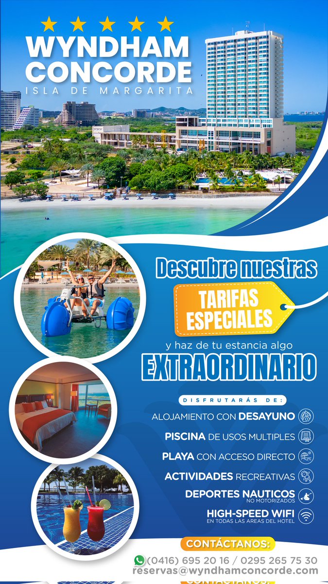 Unas vacaciones inolvidables junto al mar🤩💙🏝️

¡Reserva ahora y déjate sorprender por la magia del Caribe en Wyndham Concorde! 👇🏼
📞 +58 (295) 265 75 30
📱 +58 (416) 695 20 16
📧 Reservas@wyndhamconcorde.com