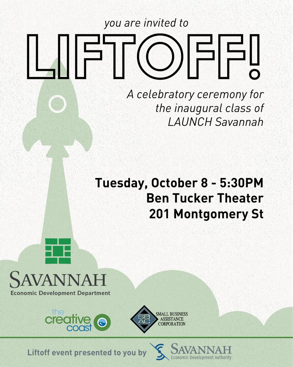 There are just two weeks until LIFTOFF! Have you gotten your tickets yet?

We are so excited to celebrate the inaugural class of LAUNCH Savannah, and we hope that you will join us! This is going to be an awesome event that you don't want to miss.

RSVP: loom.ly/DW6AXj4