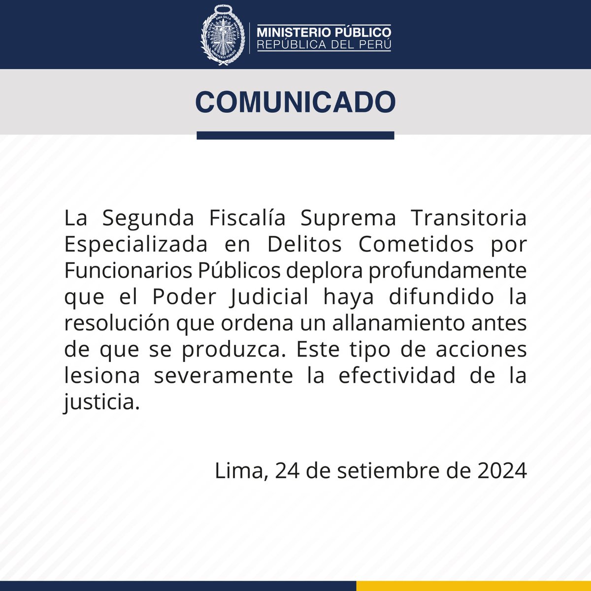 FiscaliaPeru's tweet image. 📢 #Pronunciamiento de la Segunda Fiscalía Suprema Transitoria Especializada en Delitos Cometidos por Funcionarios Públicos respecto a difusión de resolución que ordena allanamiento, efectuada por el Poder Judicial.