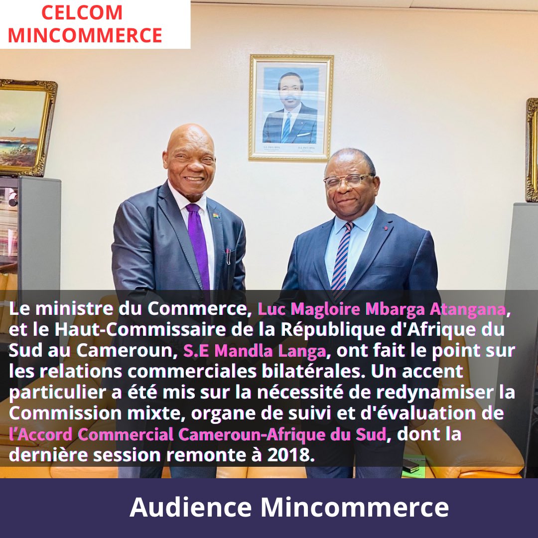 MincommerceCMR's tweet photo. Audience : Le Mincommerce @MbargaAtangana1, a reçu le Haut-Commissaire de la République d'Afrique du Sud, S.E #Mandla_Langa, ce 24 septembre.

#Mincommerce
#cooperation
#Afriquedusud
#Cameroun https://t.co/Ce3iNwW5hS