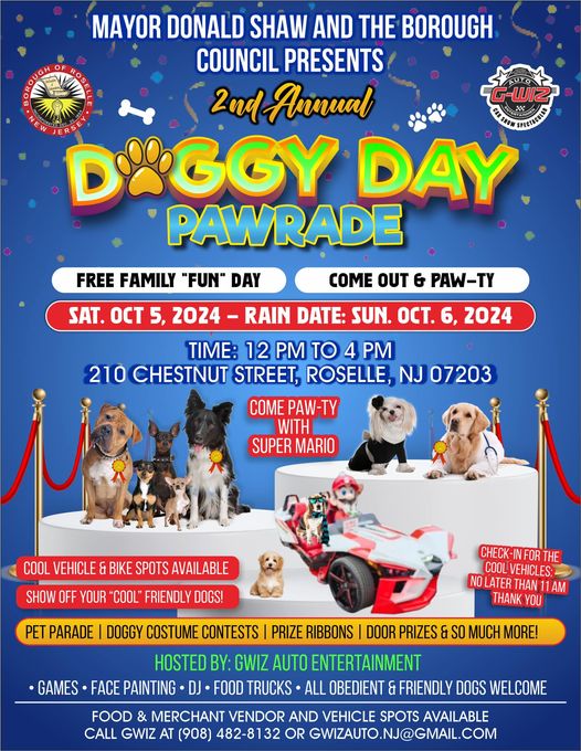 NJRoselle's tweet photo. Get ready, our Family Funday and Doggy Day “Pawrade” returns to Roselle October 5th at noon. All dogs are welcome. Maybe your dog brings home a prize?? Food trucks, family fun and activities. https://t.co/T7zIcjIBXa