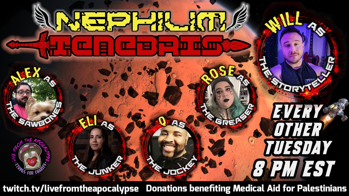 Tonight we're heading back out into the Empty with your favorite crew of burned out gifted kids in Nephilim: Tenebris! Join <a href="/aWillMscream/">none pizza, leftist beef 🍉</a>, <a href="/MightiestFinn/">Alex | Backwards TTRPG - Mumbleford</a>, <a href="/aGhostofeli/">A lil' Ghost with Satyr Horns</a>, <a href="/Midnight_INQ/">Q. Qcifer if you're nasty 🍉</a>, and Rose for another exciting episode of our gritty near-future sci-fi adventure!