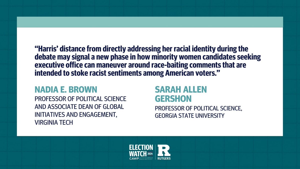 CAWP_RU's tweet photo. Scholars describe how Harris navigated her gender and racial identities in strategic ways during the presidential debate. Get their full takes: https://t.co/C3FkEce3XP https://t.co/asuGM4q7oN