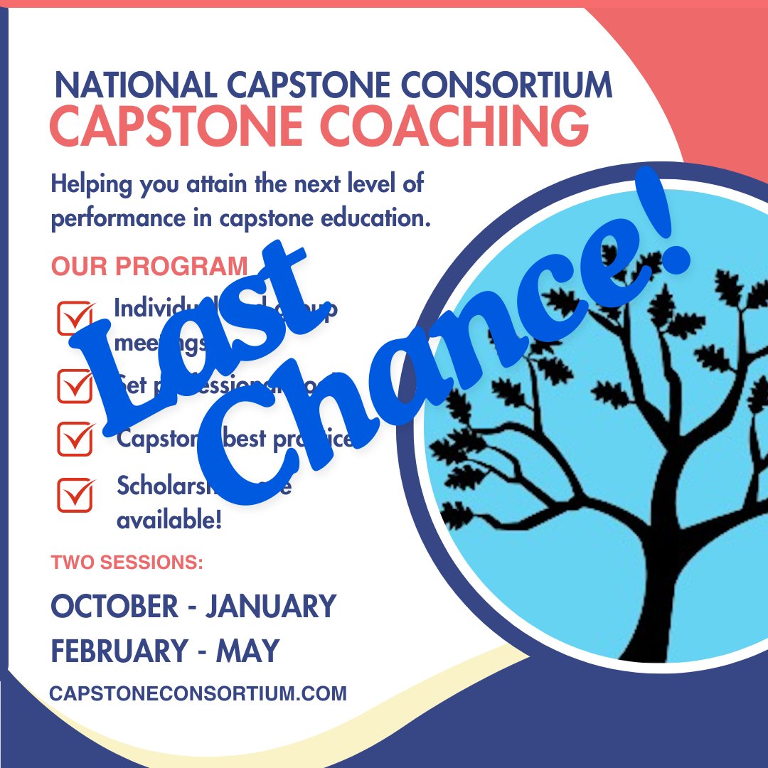 The National Capstone Consortium is wrapping up registrations for the Fall 2024 coaching program cohort.

Learn more and get registered now to get a discount of up to 35%.

Link to register👇
capstoneconsortium.org/coaching-regis…
