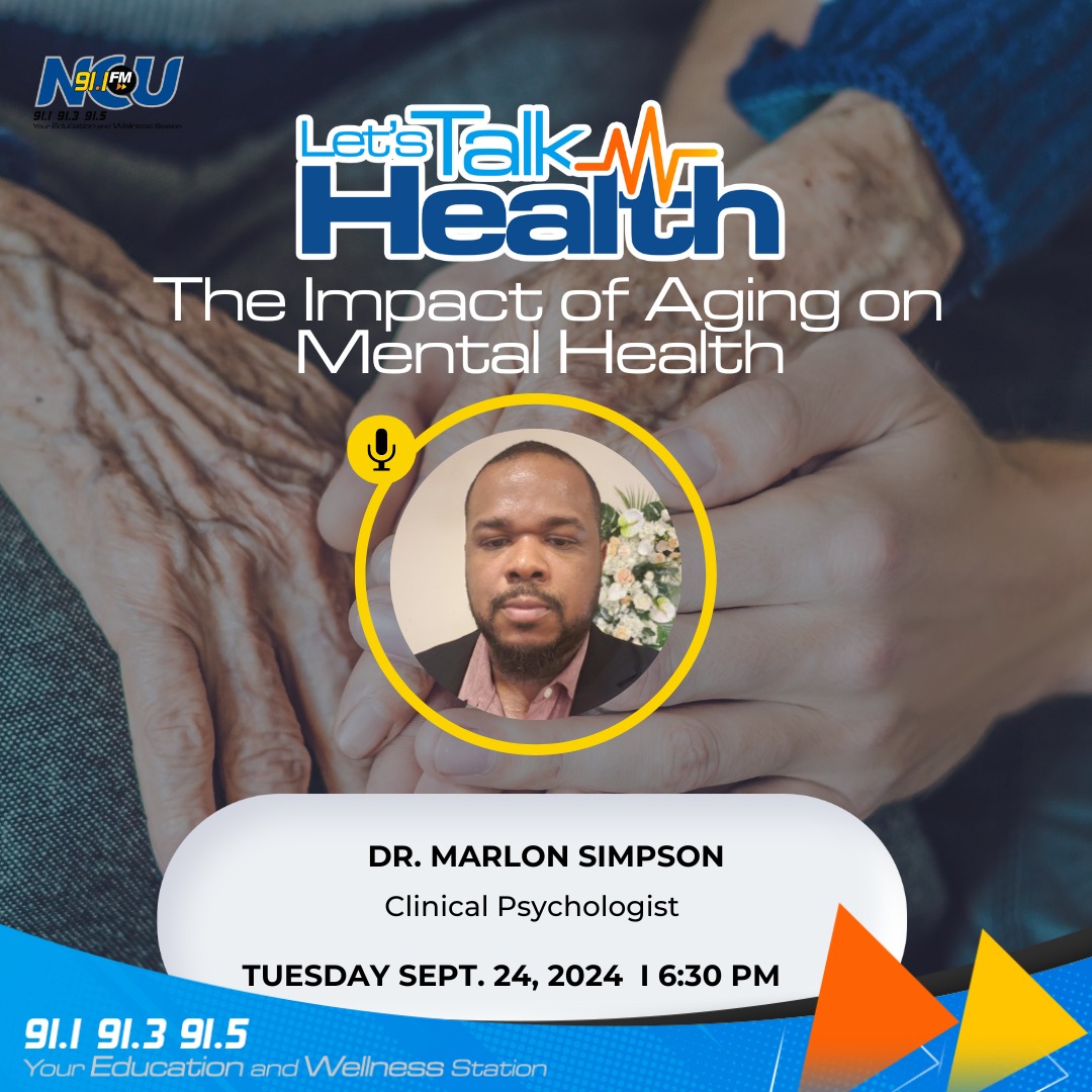 NCU91FM's tweet photo. As we age, our mental health can be greatly impacted. 

Join us for a discussion, today at 6:30pm, with Dr. Marlon Simpson, a clinical psychologist, as we delve into the effects of aging on mental health. 

#NCU91FM #MentalHealthAwareness #Aging #letstalkhealth https://t.co/WGpCoD0qL5