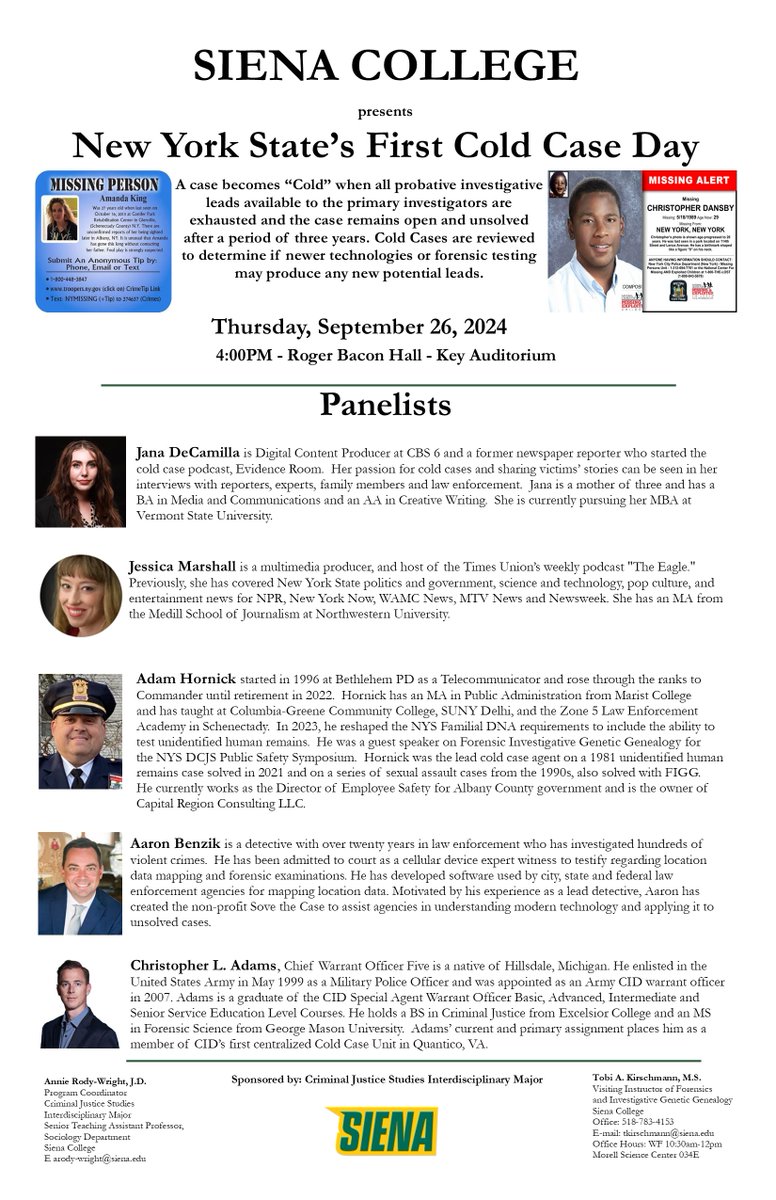 solvethecaseorg's tweet photo. Join us this Thursday (9/26) while we sit on a panel with @SienaCollege for New York State's First "Cold Case Day" during #nationalcoldcasemonth. @DecamillaJanaPS Adam Hornick @tobikirschmann Christopher Adams @abenzick @jess_on_ice #Solvethecase See you soon New York! https://t.co/ijxUw87p5q
