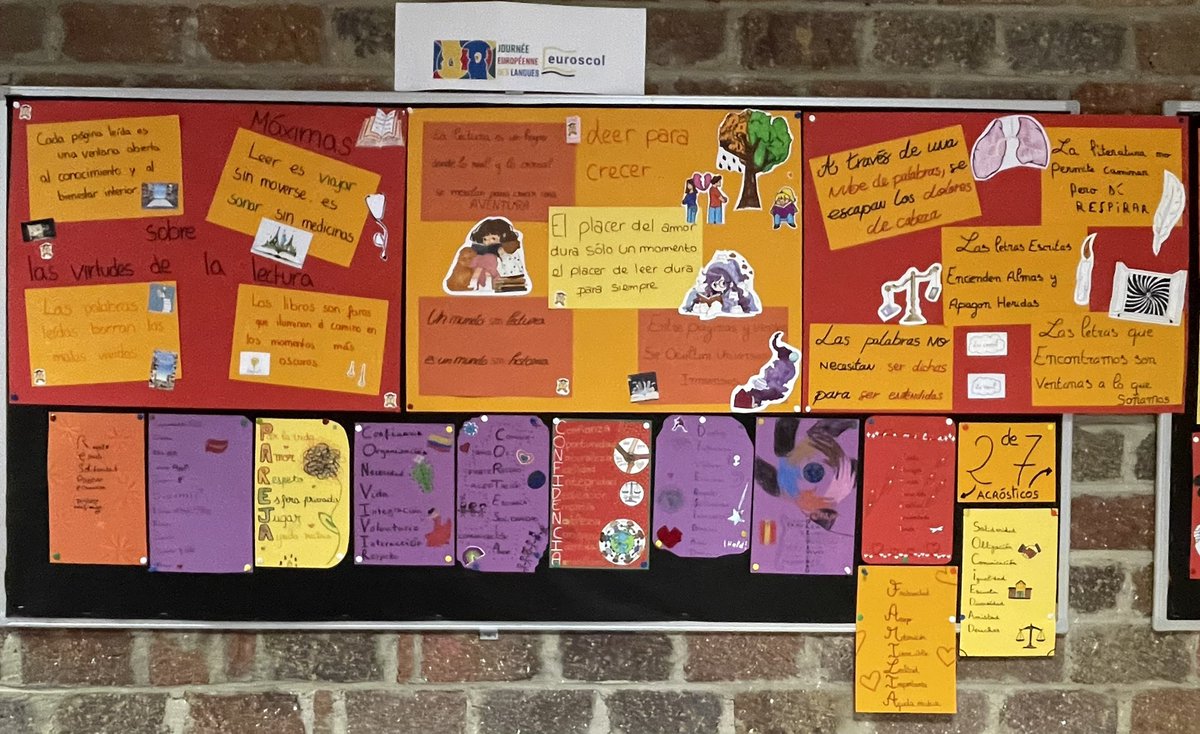 NoelleSedilot's tweet photo. Lycée L7M. La journée européenne des langues se prépare ! Les panneaux d’affichage se remplissent avant le jour J de la JEL ! Des acrostiches en 🇪🇸, des portraits chinois en 🏴󠁧󠁢󠁥󠁮󠁧󠁿, 🇪🇸 sur la thématique du vivre ensemble. @DareicV  @acversailles @EspAcVersailles https://t.co/G5EctIAPIL
