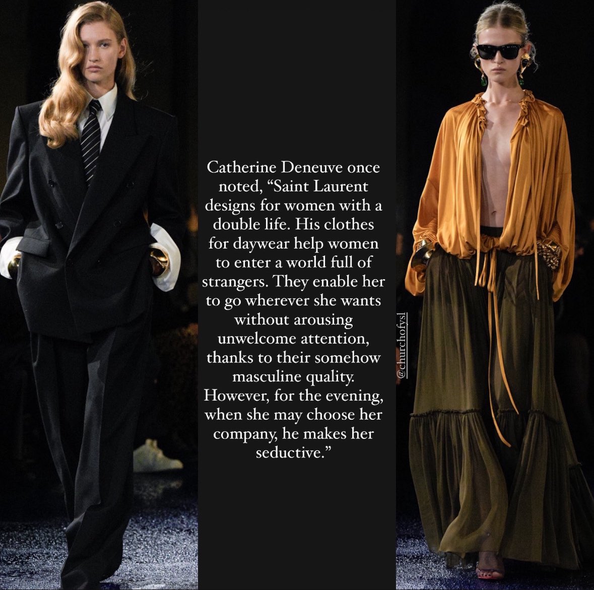 churchofysl's tweet image. one of my favourite quotes by catherine deneuve on who the saint laurent woman is.