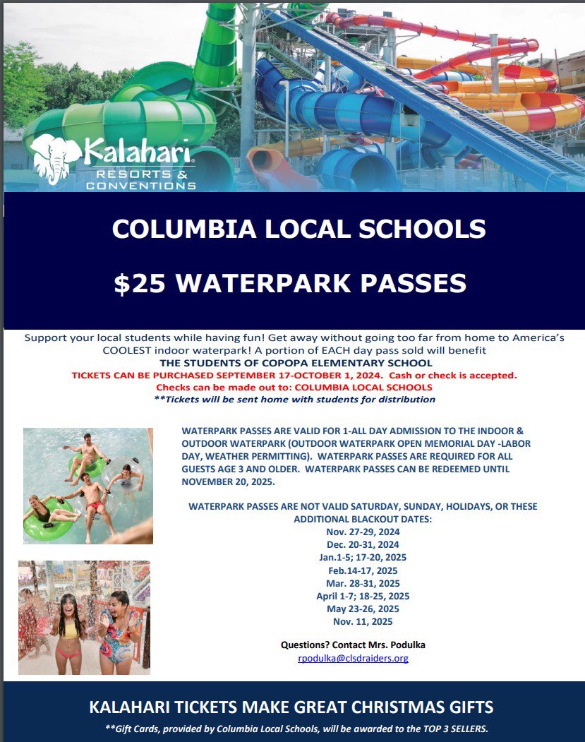 MrsPodulka's tweet photo. 💥Copopa Families!!💥 this is your reminder to sell those Kalahari tickets!!  Money is due October 1st!  Tickets are good for one year &amp; can be sold to anyone! Reach out with questions. Top class gets an ice cream party &amp; top 3 sellers win a gift card! 💚🤍 @CopopaElem https://t.co/jVHKLYlXx4