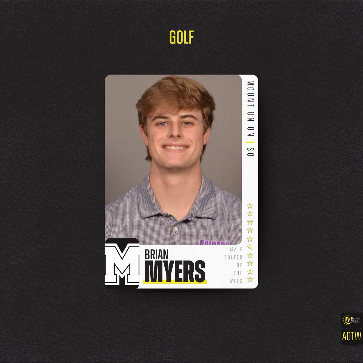 OHAthleticConf's tweet photo. Athlete of the Week | Men's Golf⛳️
Brian Myers, @purpleraiders
#OAC #OACgolf