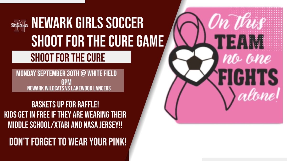 On Monday, September 30th is our Shoot for the Cure game at 6! We will have baskets to raffle off! Also, if you play for the middle school team or play at XTABI and NASA, if you wear your jersey you get in FOR FREE!!