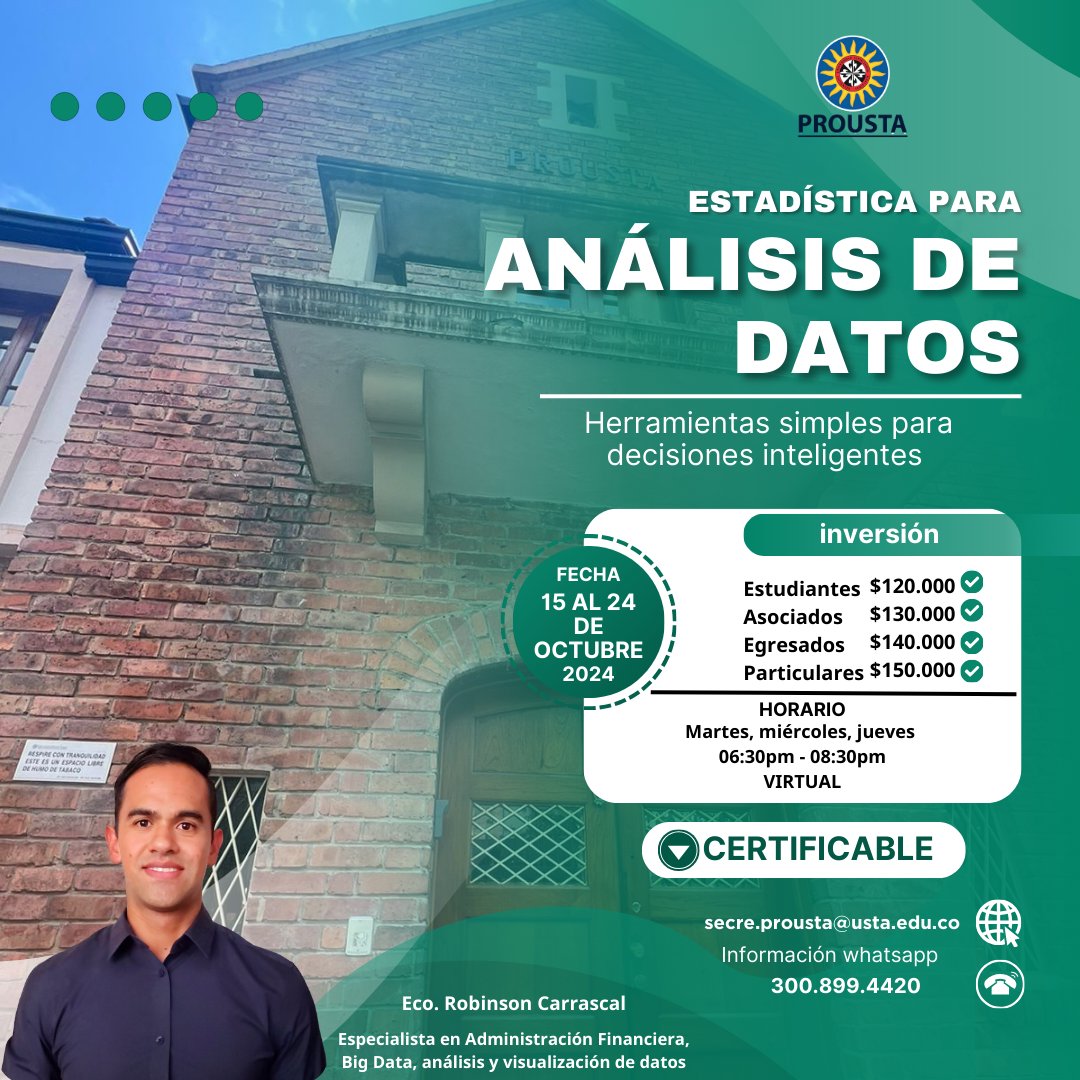 ProustaColombia's tweet photo. Prousta te invita a participar de nuestro taller estadística para Análisis de Datos para empresarios, profesionales y estudiantes.
¡CUPOS LIMITADOS!
https://t.co/Q1rXJyICEu https://t.co/1nXU0ndgOI