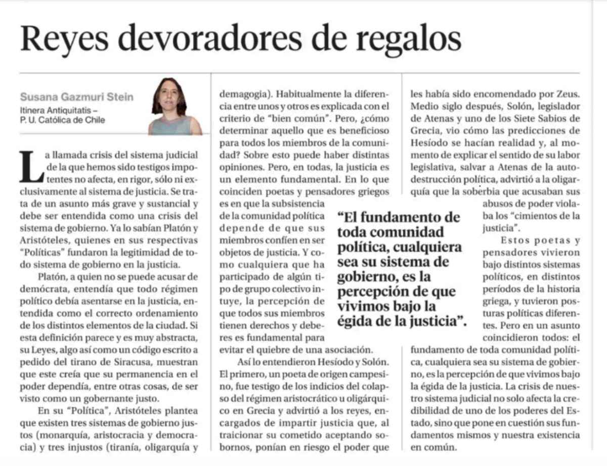 📰 Nuestra profesora <a href="/SusanaGazmuri/">Susana Gazmuri</a> para <a href="/La_Segunda/">laSegunda</a>: "La crisis de nuestro sistema judicial no solo afecta la credibilidad de los poderes del Estado, sino que pone en cuestión sus fundamentos mismos y nuestra existencia en común". 
Lee a continuación:
