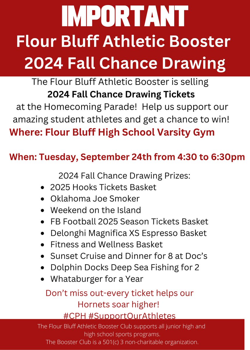 Come out to support your Lady Hornets’ Volleyball teams tonight and buy a chance tickets for one of our fabulous prizes!!