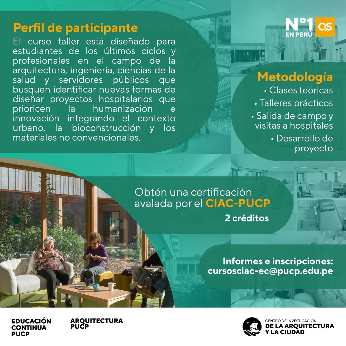 Aquí te contamos más sobre el curso “Espacios que Sanan: Humanización en el Diseño Hospitalario”
Si eres estudiante de los últimos ciclos o profesional en arquitectura, ingeniería o ciencias de la salud, ¡este curso es para ti! 
Informes: cursosciac-ec@pucp.edu.pe