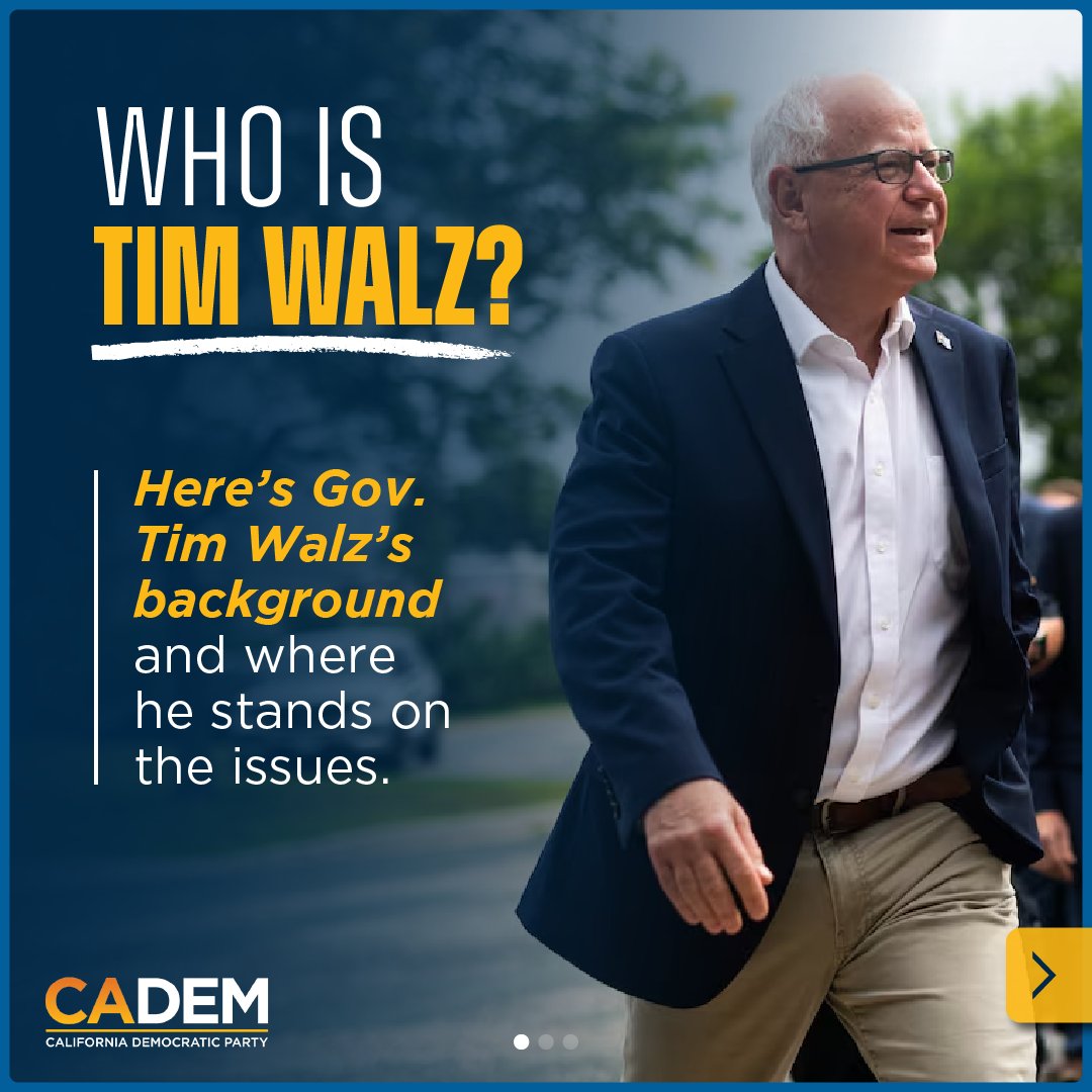 CA_Dem's tweet photo. Get ready for the Vice Presidential debate on October 1! Here’s your chance to learn more about VP nominee and Minnesota Governor Tim Walz.
Ready to win with #TeamWalz? 💪🌟 #Organize2Win #TimWalzForVP https://t.co/5DCVtQD3yA