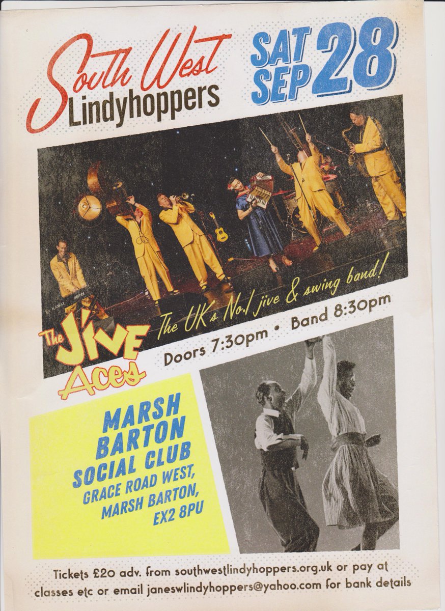 UK No. 1 Jump Jive and Swing Band The Jive Aces are coming to Exeter on Saturday the 28th September! They are a high energy band but also can slow things down as well perfect for our dancers. Want more details email janeswlindyhoppers@yahoo.com @Exeter_Hour  @devonlivee