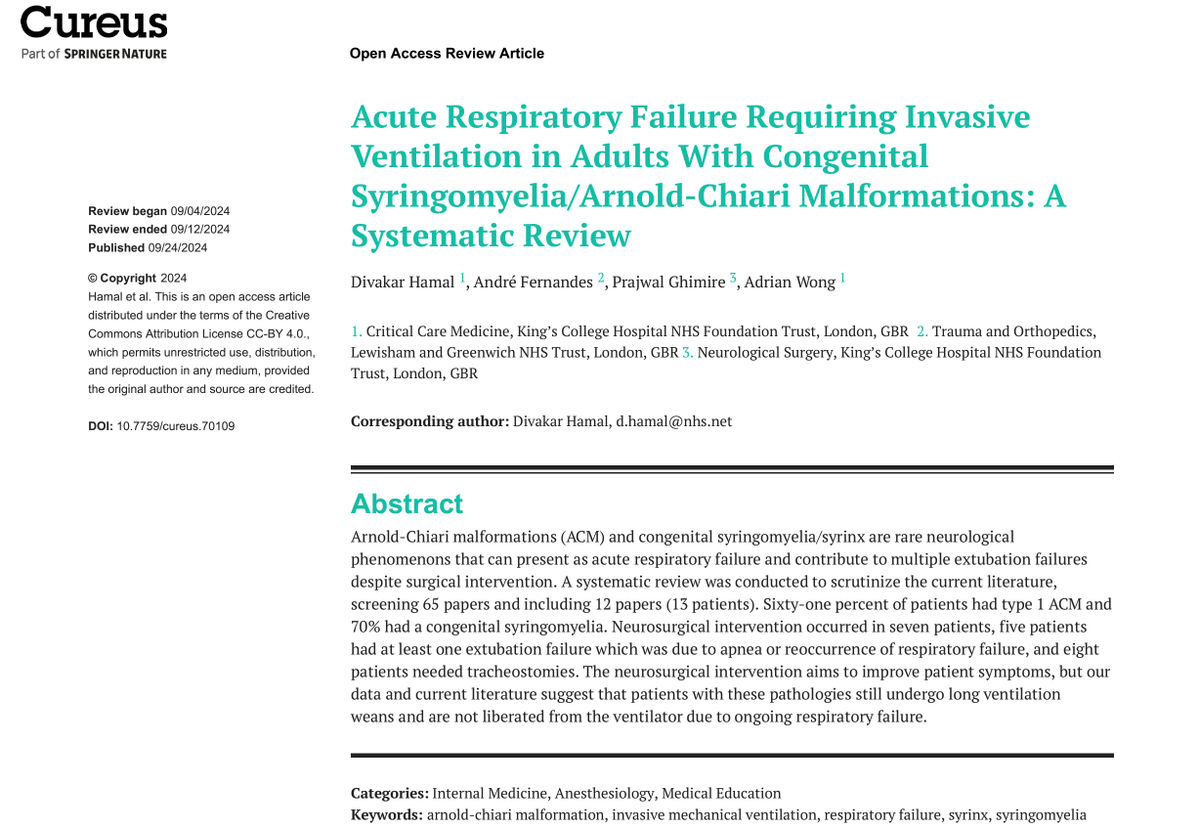 PrazNeuro's tweet photo. We have now published systematic review on "Acute Respiratory Failure Requiring Invasive Ventilation in Adults With Congenital Syringomyelia/Arnold-Chiari Malformations" on @CureusNeuro 

https://t.co/7M1g4cAIPF

In collaboration @KingsCritCare @avkwong @DevHamal98 @bone_lover https://t.co/c8HUIx76hi