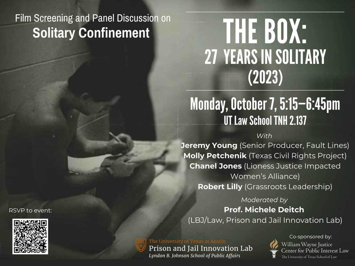 Prison and Jail Innovation Lab (@pjinnovationlab) on Twitter photo Please join us for a screening of The Box (2023 short) and panel discussion on solitary confinement.
With Jeremy Young from <a href="/AJFaultLines/">Fault Lines</a>, Molly Petchenik from <a href="/TXCivilRights/">Texas Civil Rights Project</a>, Chanel Jones from <a href="/lionessjiwa/">Lioness Justice Impacted Women’s Alliance</a>, & Robert Lilly from <a href="/Grassroots_News/">Grassroots Leadership</a>.
RSVP: bit.ly/3TFIZgg Please join us for a screening of The Box (2023 short) and panel discussion on solitary confinement.
With Jeremy Young from <a href="/AJFaultLines/">Fault Lines</a>, Molly Petchenik from <a href="/TXCivilRights/">Texas Civil Rights Project</a>, Chanel Jones from <a href="/lionessjiwa/">Lioness Justice Impacted Women’s Alliance</a>, & Robert Lilly from <a href="/Grassroots_News/">Grassroots Leadership</a>.
RSVP: bit.ly/3TFIZgg