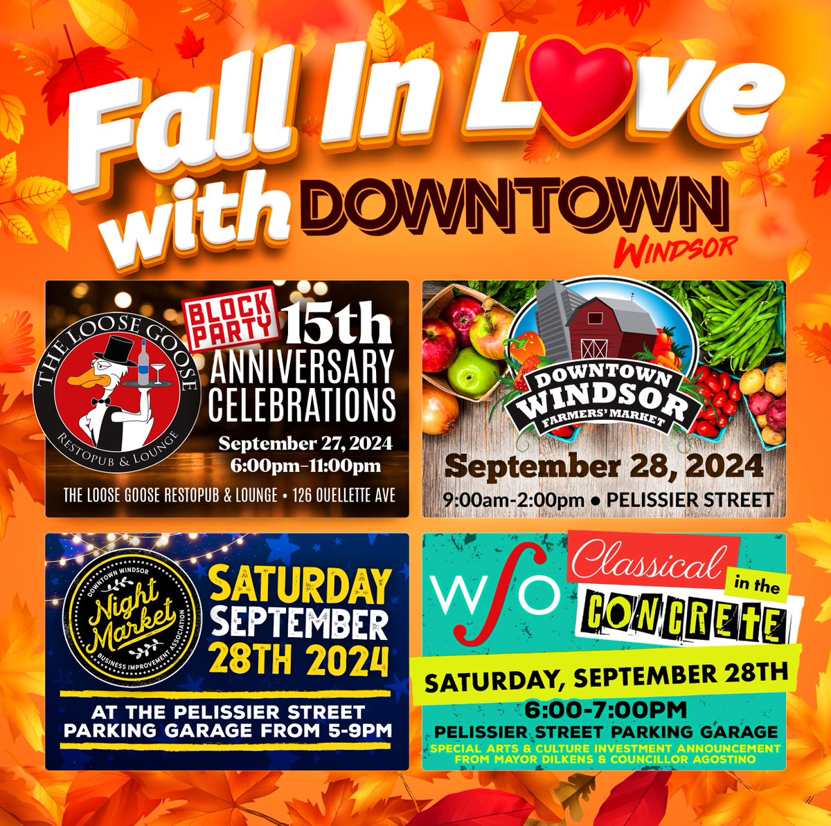 Check out the Fall In Love with Downtown Windsor event this weekend in downtown. Brought to by The Loose Goose, The Downtown Farmers Market, <a href="/DWBIA/">Downtown Windsor BIA</a>, <a href="/Capitol_Windsor/">Capitol Theatre</a>, and <a href="/WindsorSymphony/">Windsor Symphony Orchestra</a> Visit ow.ly/Vbgw50TqZL1 for details. #StrengthenTheCoreYQG