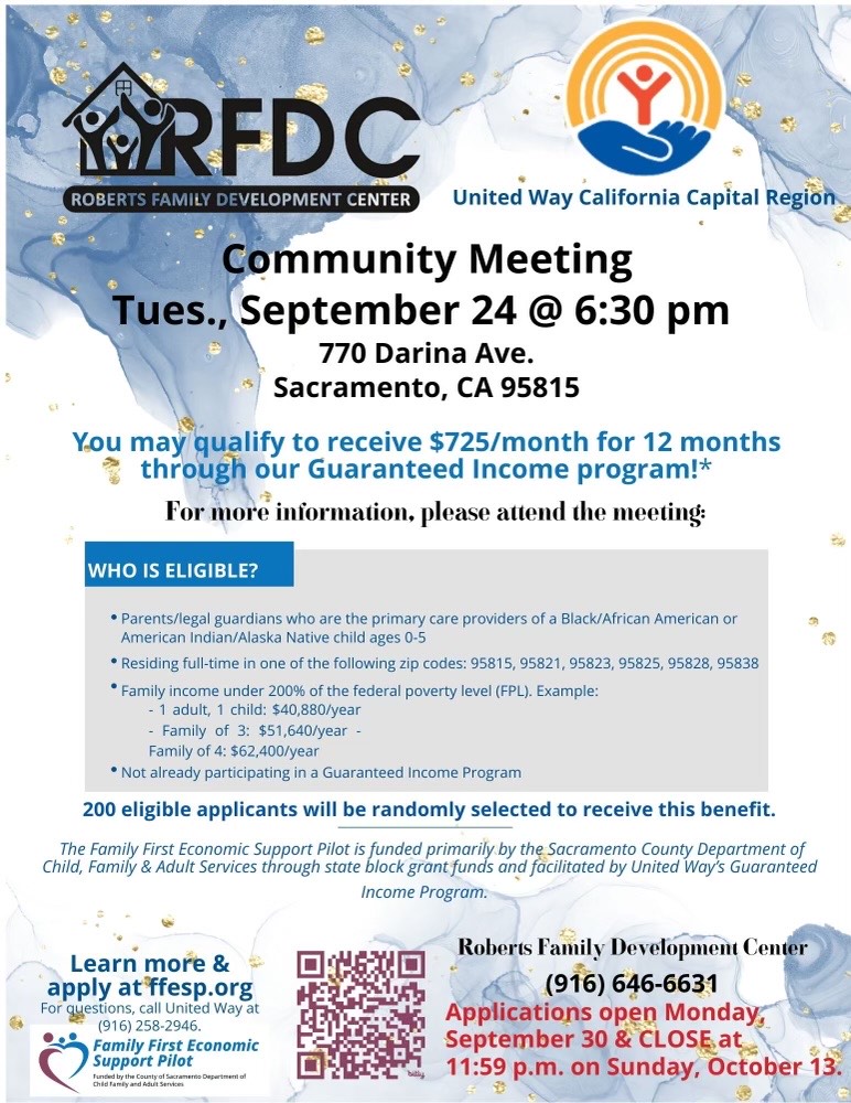 ShounThao's tweet photo. Join the Roberts Family Development Center at 6:30pm for a discussion about their Guaranteed Income Program!

Learn more about this initiative and how it could benefit our community.

📞 For more details, call 916-646-6631. https://t.co/eFBxP147pb