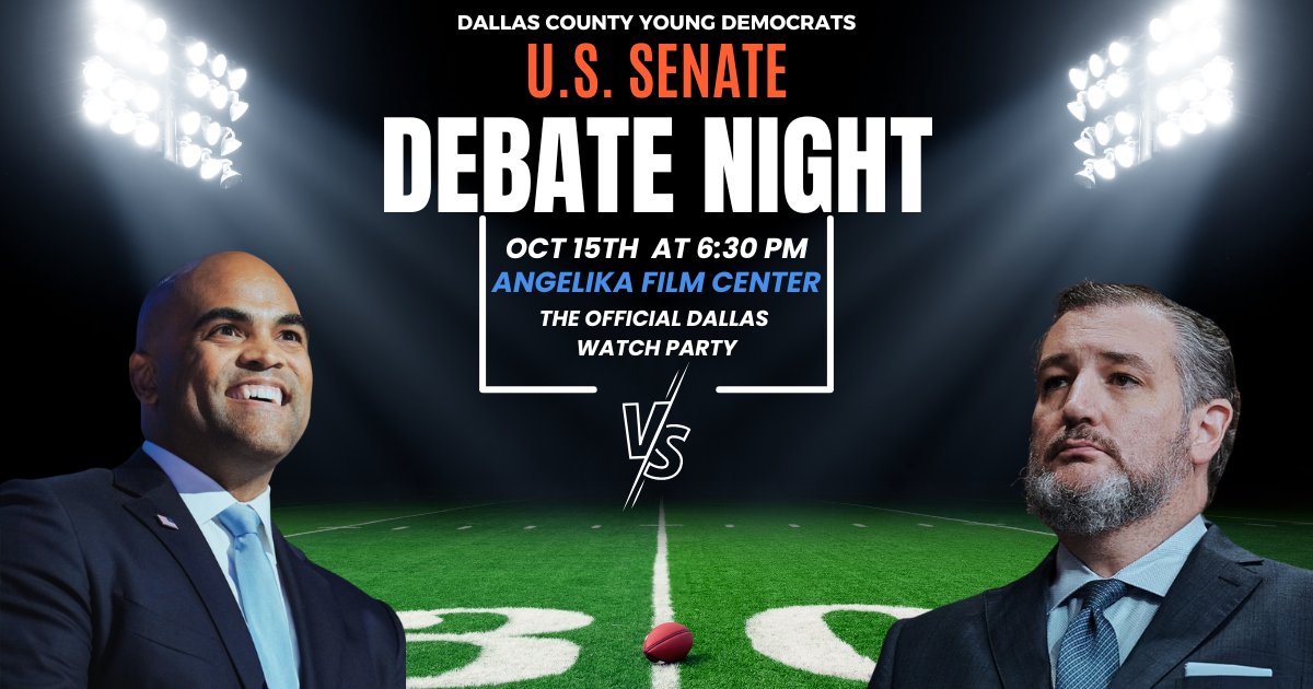 Dallas Democrats — Join me and the <a href="/DallasYoungDems/">Dallas County Young Democrats</a> for an electrifying U.S. Senate Debate Watch Party on Tuesday, October 15th at 6:30 PM CDT at <a href="/AngelikaTexas/">Angelika Film Center - Dallas</a>! 

Reserve your seat: bit.ly/4exx5wW #DebateWatchParty