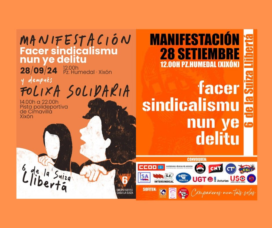 4 DÍES!!🔽💪🏽

Esperámosvos! 🧡

#6DeLaSuizaLLIBERTÁ 
#CompañeresNunTaisSoles 
#FacerSindicalismuNunYeDelitu