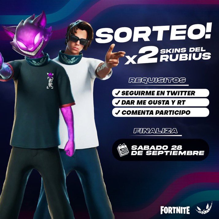 📢 SORTEO x2 SKINS de RUBIUS !! 🔥

• Sígueme: <a href="/yizus_al/">p e p p a</a> 
• Dale Me Gusta y RT.
• Comenta "participo"

📅 Finaliza el Sábado 28 de Septiembre
🍀 Mucha suerte amigos :D

#Fortnite