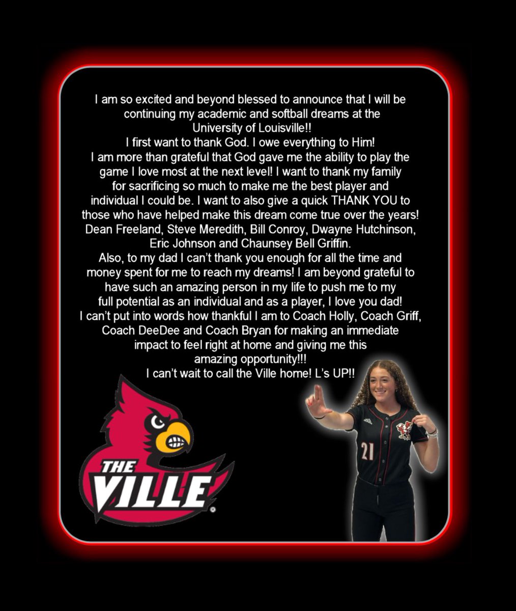 I am BEYOND excited to announce my verbal commitment to <a href="/LouisvilleSB/">Louisville Softball</a> 

Thank you so much <a href="/UofL_CoachHolly/">Holly Aprile</a> <a href="/GriffJ_13/">Griffin Joiner</a> <a href="/sabbyBsabs/">Bryan Sabatella</a> <a href="/dee11davis/">DeeDee Morris</a> for this amazing opportunity!! 

L’s UP! 🔴⚫️
<a href="/BanditsStone/">Beverly Bandits - Stone</a>