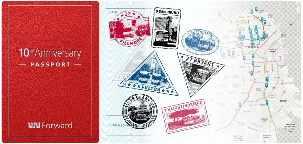 SFMTA_Muni's tweet photo. There's still time to get your limited-edition #MuniForward Passport stamped at a Transit Month event or participating business! Use the passport on a self-guided tour to experience the speed & reliability of #MuniForward lines. Details at https://t.co/WfZh50jML4. https://t.co/aFSDg6cDDH
