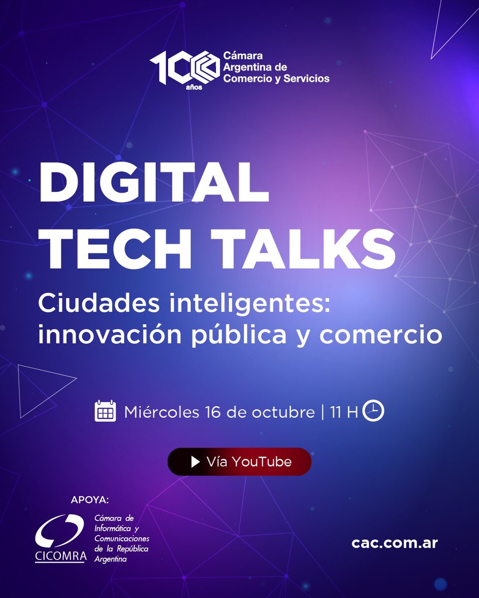 CACteinforma's tweet image. 📣 La CAC te invita a la #DigitalTechTalk “Ciudades Inteligentes: Innovación Pública y Comercio”, el 16 de octubre a las 11h vía YouTube, donde se analizará el impacto de la innovación tecnológica en la gestión pública y el comercio.

👉 Inscribite en shorturl.at/W2VJD