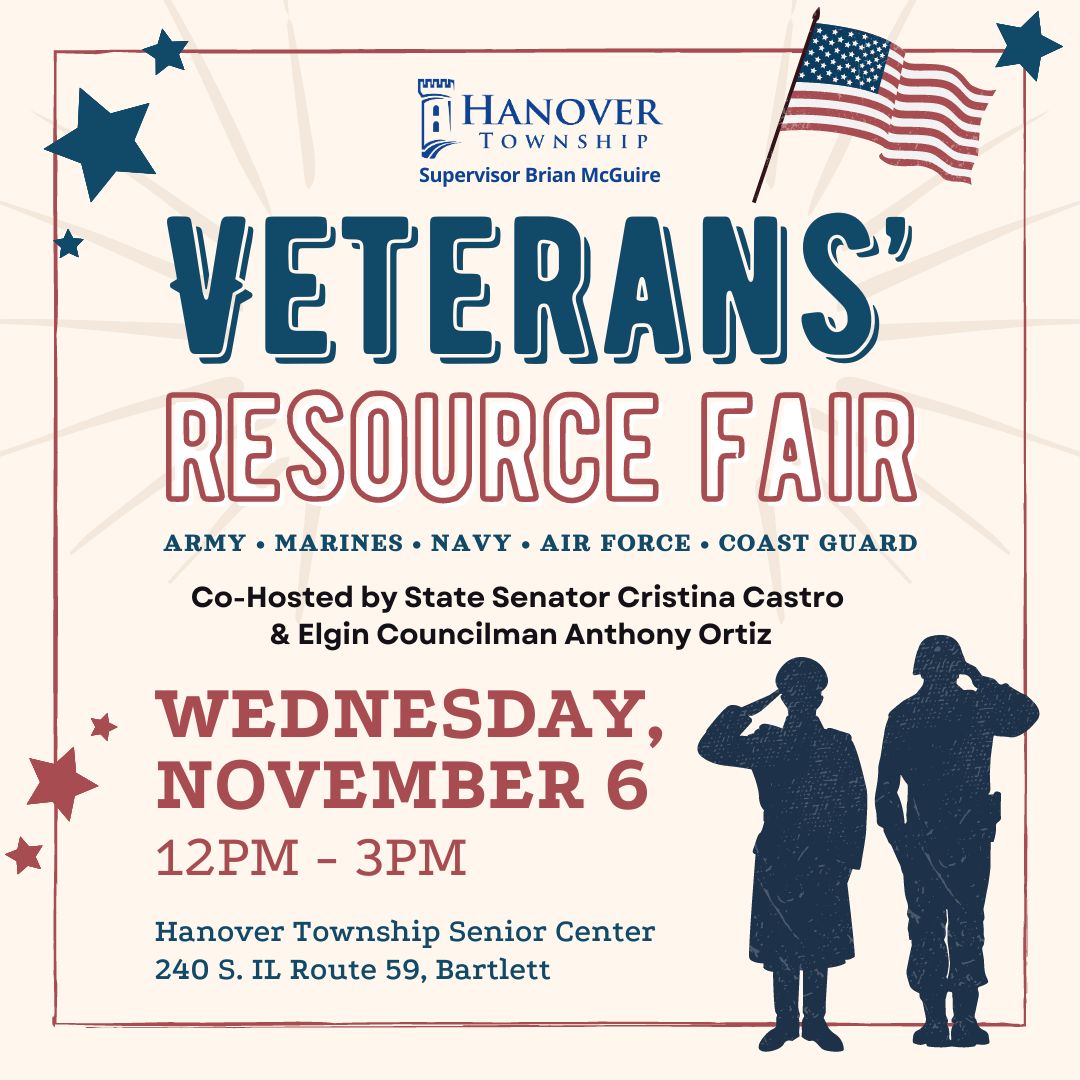Veterans, their families, and caregivers are invited to meet with service groups, non-profit organizations, local businesses, and others, to learn about assistance and other benefits.

This event is co-hosted by <a href="/senatorcastro/">Senator Castro</a> and <a href="/Anthony4Elgin/">Councilman Anthony Ortiz</a>.

Questions? Call (630) 540-9085.