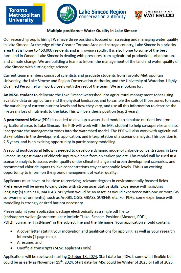 ChrisCWellen's tweet photo. Hiring multiple positions to work on watershed and lake modelling in the Lake Simcoe area! Mass balance road salt in Lake Simcoe. Work with farmers and mathematical models to tailor land management. https://t.co/LJqp1HJJMN