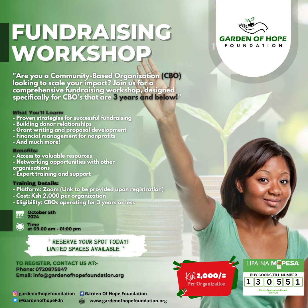 Victor_wasonga's tweet photo. #Attention Community-Based Organizations!
Ready to elevate your fundraising? Join our Fundraising Workshop on Oct 5th! 🌿
📅 Date: Oct 5, 2024
🕘 Time: 9:00 AM - 1:00 PM (via Zoom)
💰 Cost: Ksh 2,000 per org
Secure your spot today! #FundraisingWorkshop #CBOs #CapacityBuilding https://t.co/7E0QdMI0tO