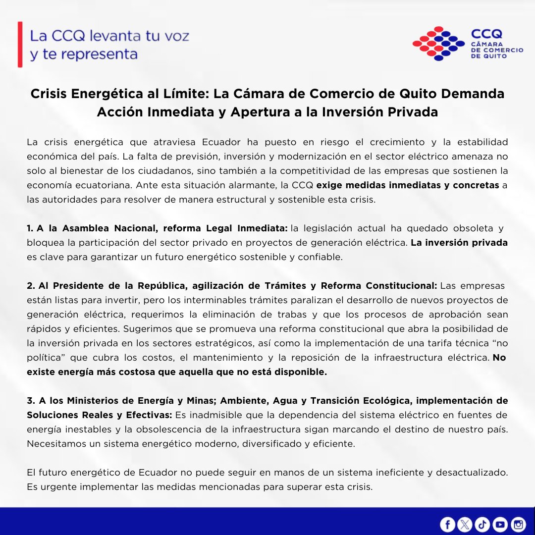 lacamaradequito's tweet photo. 🚨Comunicado urgente: La Cámara de Comercio de Quito demanda acción inmediata y apertura a la inversión privada https://t.co/5akEAxAsit