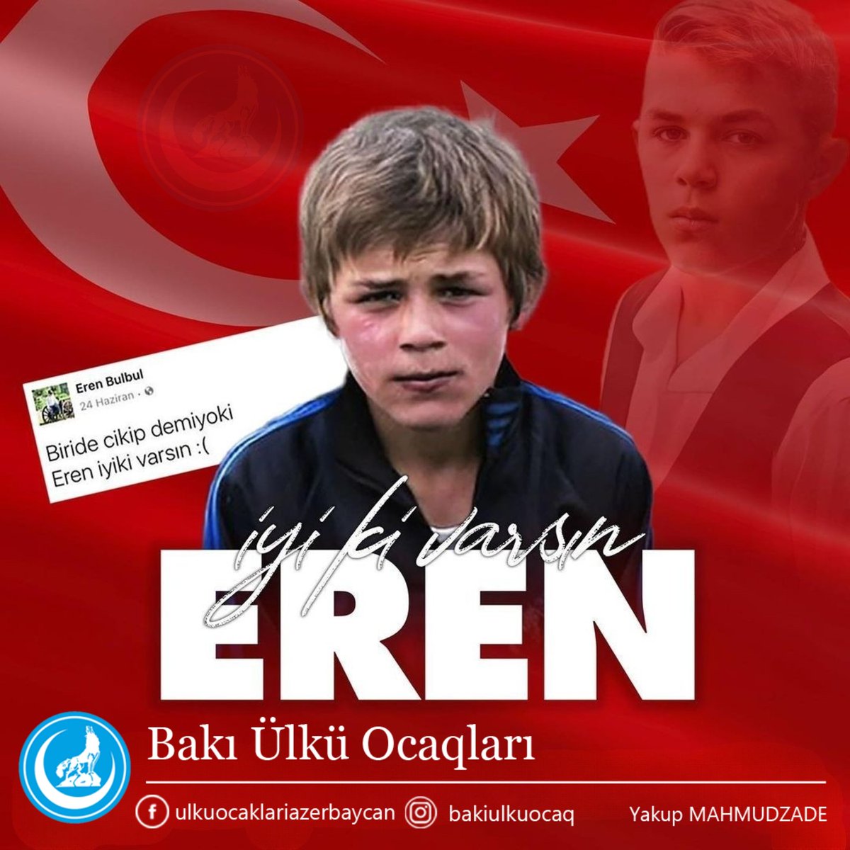 15 yaşında Trabzon'un Maçka ilçəsində şəhid düşən #ErenBülbül PKK Terrorçuları'nın gizləndiyi yeri ilk görüb əsgərlərə xəbər edən və elə o andaca vurularaq şəhid edilən 15 yaşlı şəhidimizdir. Onun sadəcə tək istəyi vardı bu həyatda - İYİLİKLE ANILMAK... #İyikiVarsınEren