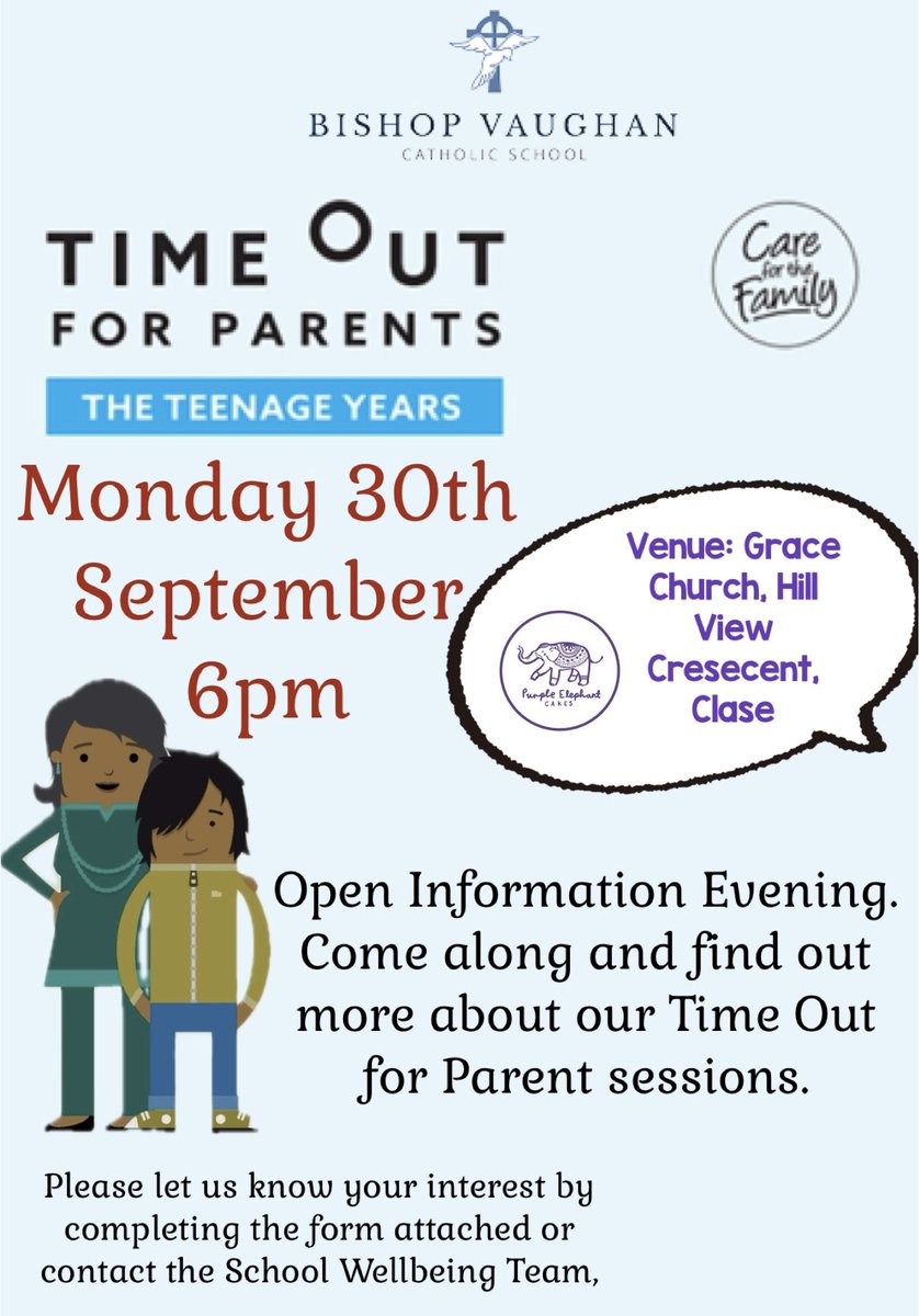 Bishop_Vaughan's tweet photo. Join us for our more information about our Time Out for Parents session next Monday, 30th September at 6pm. We will be holding the session at Grace Church, Hill View Crescent in Clase. Sign up using this short form: https://t.co/LZQHdSl3oN. Thank you! https://t.co/e34XFg9x3H