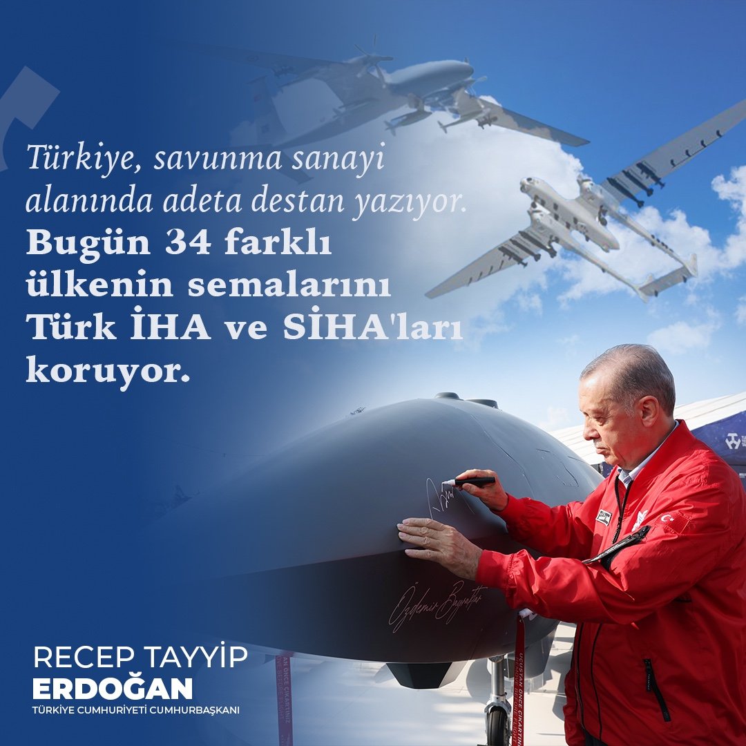 ACumhurbaşkanımız Recep Tayyip Erdoğan:

"Türkiye, savunma sanayi alanında adeta destan yazıyor. Bugün 34 farklı ülkenin semalarını Türk İHA ve SİHA'ları koruyor."

#WorldIsBiggerThan5
#Dünya5tenBüyüktür